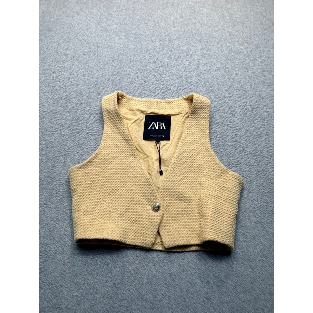 Zara Womens Textured Cropped Vest Yellow V-Neck Single Button Sleeveless XS NEW